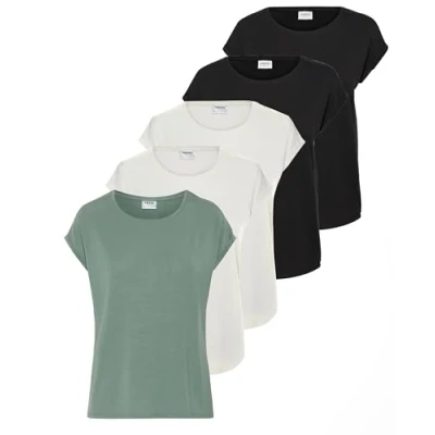 Image de VERO MODA Aware Ava T shirt à manches courtes, Lot de 5 (2 x blanc neige/2 noir/1 Laurel Wreath), S