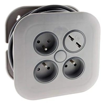 Image de Enrouleur domestique 3 prises 2P+T 16A + coupe circuit 2x USB Gris 7 mètres Zenitech