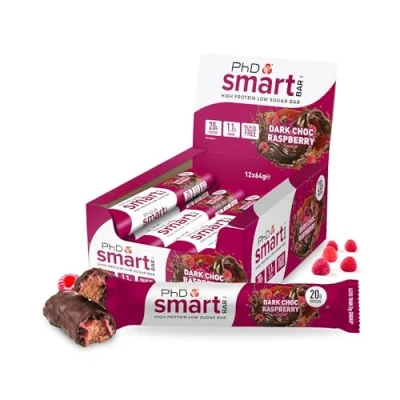 Image de PhD Nutrition Smart Bar Barre protéinée Chocolat Noir Framboise 12 x 64g Snack Haute Protéine avec 20g de protéines et peu sucre, macro friendly