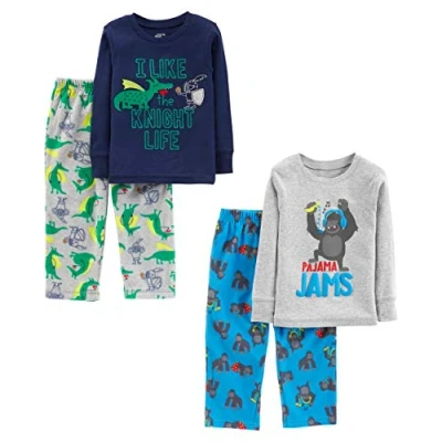 Image de Simple Joys by Carter&#039;s 4 Piece Pajama Set (Cotton Top &amp; Fleece Bottom) Ensemble de Pijama, Bleu Gorille/Bleu Marine Imprimé Texte/Gris Dragon, 2 Ans Garçon