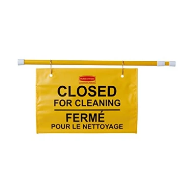 Image de Rubbermaid Commercial Products FG9S1600YEL Panneau de Signalisation Sécurité Site Suspendu avec Mention Multilingue « Closed pour Cleaning » (Fermé Nettoyage), Jaune