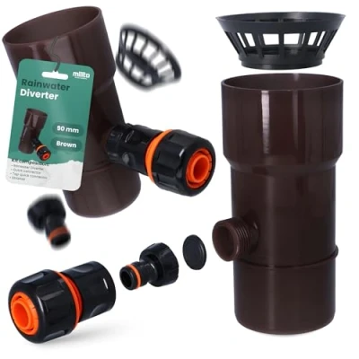 Image de Millto™ Collecteur de Pluie DN Ø90 mm Marron Recuperateur d&#039;eau pour Goutiere Compris Filtre Raccord Tuyau Jardin Descente d&#039;Arrosage Système Récolte