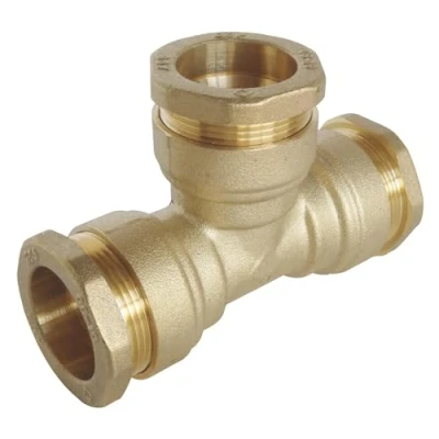 Image de SOMATHERM FOR YOU, Raccord laiton Té égal pour tube PE Ø50 mm Triple raccordement à 90 Pression max 20 bars Température 10C +80C Joint torique EPDM Norme ACS Garantie 5 ans