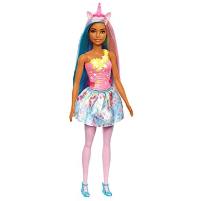 Image de Barbie Poupée Licorne Dreamtopia (Cheveux Bleus et Roses) avec Jupe, Queue Serre Tête de Amovibles, Jouet Enfant, Dès 3 Ans, HGR21