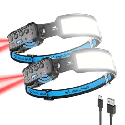 Image de Smiling Shark Frontale Rechargeable, 2 Pack LED Lamp 7*Lumières Blanches Super Brillantes Avec Lumière Rouge de l&#039;arrière Headlamp Pour Camping Réparation, Fontale USB Rechargeable