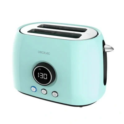 Image de Cecotec Grille pain Digital ClassicToast 8000 Blue Double. 800 W, 2 fentes extra larges pour toasts, affichage numérique, 3 fonctions, tiges supérieures, design rétro en turquoise