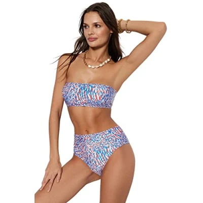 Image de Trendyol Ensemble Bikini en Tricot imprimé Animal pour Femme Maillot de Bain, Bleu Multicolore, 64