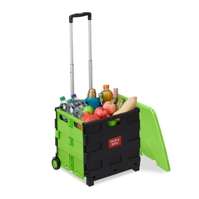 Image de Relaxdays Chariot de Courses Pliable, 2 Roues, poignée téléscopique, jusqu&#039;à 35 kg, avec Couvercle, Vert/Noir
