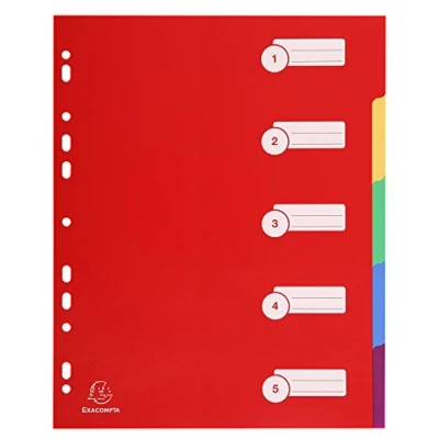 Image de Exacompta Réf. 4805E Intercalaires polypropylène rigide opaques avec 5 onglets neutres Premier index imprimé Format à classer A4 maxi Couleurs vives assorties