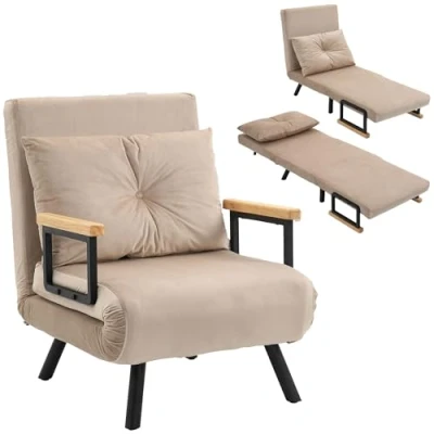 Image de HOMCOM Fauteuil Convertible 3 en 1 chauffeuse lit Place Dossier réglable 5 Positions, accoudoirs Bois et Coussin, Tissu Effet Velours, Beige