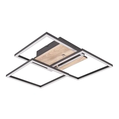 Image de Reality Leuchten Plafonnier LED Mobile R62883135, métal noir mat, imitation bois, 27 Watt incluse, télécommande