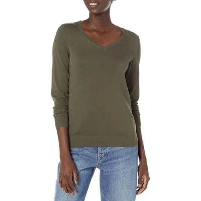 Image de Amazon Essentials Pull Col en v À Manches Longues Léger Coupe Classique (Grandes Tailles Disponibles) Femme, Vert Olive Foncé Chiné, XL