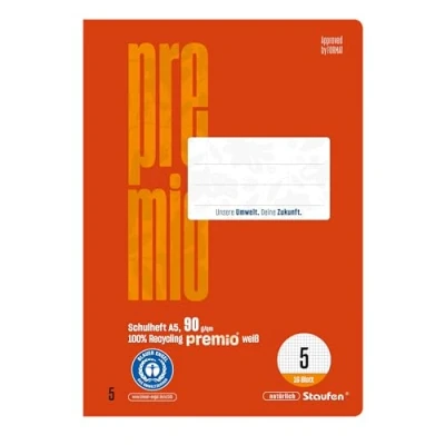 Image de Staufen premio Lot de 10 cahiers 16 feuilles chacun, format A5, linéature 5 (quadrillage mm), papier recyclé 90 g/m², coins arrondis pour éviter les « oreilles d&#039;âne »