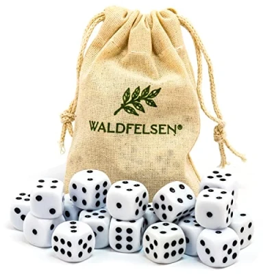 Image de Waldfelsen Lot de 6, 12, 20, 30 ou 50 dés haute qualité taille standard 16 mm en acrylique Cube jeu Dice 6 côtés à six Accessoires avec sac tissu (blanc, 20 pièces)