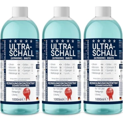 Image de Lot de 3 nettoyants à ultrasons concentrés 1000 ml Liquide pour lunettes, montres, bijoux, prothèses dentaires, etc. dans un bain