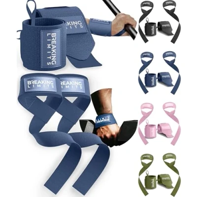 Image de BREAKING LIMITS Lot de sangles levage et bandes poignet 2 bandages poignet, aides à la levée musculation, haltérophilie, taille unique (bleu