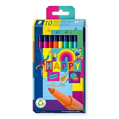 Image de STAEDTLER Triplus Happy, tige triangulaire ergonomique, largeur de ligne 1,0 mm, longue durée vie, 10 stylos fibre tip dans des couleurs Happy assorties un étui en carton, 323 C10 HA