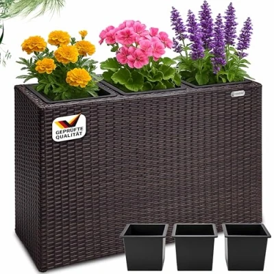 Image de bac à fleurs polyrotin noir 3 compartiments pot intérieur 83x30,5x60 cm de vertical extérieur