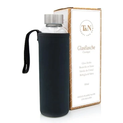 Image de T&amp;N Bouteille en verre 550ml Gourde boisson avec couvercle néoprène étanche borosilicaté plus épais pour eau minérale Design mince