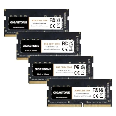 Image de 【DDR4 RAM】 GIGASTONE 32Go Kit(4x8Go) DDR4 2666MHz(2400MHz Or 2133MHz) PC4 21300(PC4 19200/17000) CL19 1.2V SODIMM 260pin UnbuffeRouge Non ECC Mémoire Haute Performance Mise à Niveau pour Portable
