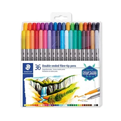 Image de Staedtler Feutres à double pointe pour écriture et coloriage, fine de 0.5 0.8 mm compacte extra large 3 mm, Étui plastique avec 36 couleurs lumineuses différentes, 3200 TB36