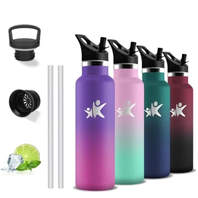Image de Gourde, 500ml Gourde Isotherme, Inox, Anti Fuite, Paille, 24h Froid &amp; 12h Chaud, Metal, Double Isolation, sans Bpa, Reutilisable, pour École, Bureau, Camping, Voyage