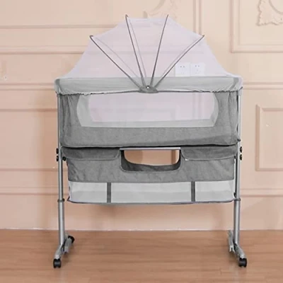 Image de Lit Bébé Cododo Berceau avec Matelas, Mode Bascule pour Bercer Bébé, Côté Repliable, Hauteur Réglable, Fenêtres en Filet, Roues et Sac de Voyage 0 6 Mois 92*58*70 90 cm (gris foncé)