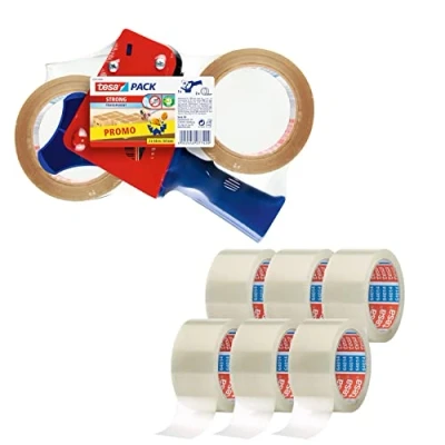 Image de tesa Lot de 2 dévidoirs ruban d&#039;emballage et tesapack qualité supérieure avec 1 dérouleur Transparent 66 m x 50 mm