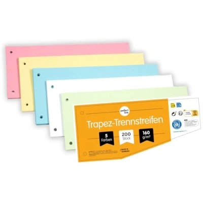 Image de perfect line 200 intercalaires pour classeurs A4, en carton recyclé, forme trapézoïdale, 5 couleurs, 2 perforés, fabriqués Allemagne, certifié Blauer Engel