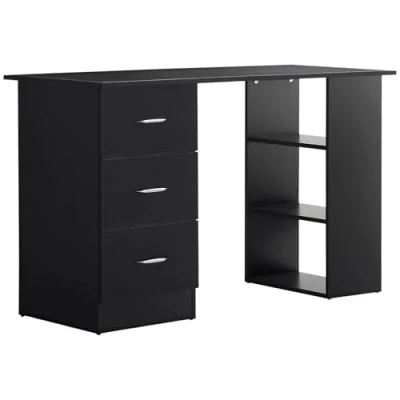 Image de HOMCOM Bureau Informatique Meuble de 3 tiroirs coulissants + étagères Grand Plateau pour Travail, Contemporain 120L x 49l 72H cm MDF Noir