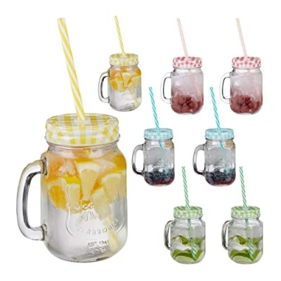 Image de Relaxdays Verres avec Paille, Couvercle et Anse, Lot de 48, HLP 13x10,5x15 cm, 400 ML, Limonade, Boissons glacées, Multicolore
