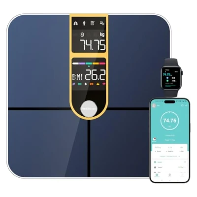 Image de Healthkeep Pèse Personne Balance Connectée Bluetooth avec 2 Écrans VA et Technologie de Revêtement ITO, 16 Données Corporelle Fréquence Cardiaque APP pour Andriod iOS 180kg/400lb, Doré