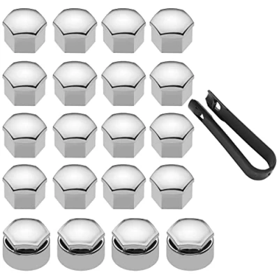 Image de LICQIC 20 Pcs Capuchons Protection Hexagonal Chrome Écrou Cache Boulons 17mm Universels, 16 Standard + 4 Verrouillables Outil de Retrait, Argent