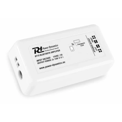 Image de Power Dynamics BT10 Mini Amplificateur Bluetooth, Deux Sorties Haut Parleurs 15 Watts, Alimentation Secteur Fournie, Idéal pour Diffuser Votre Musique en Bluetooth sur Enceintes