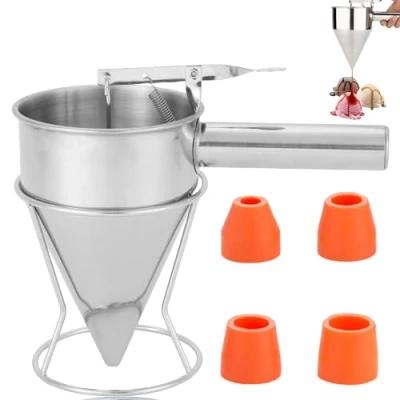 Image de Distributeur de pâte à crêpes 1,2 l en acier inoxydable avec support, entonnoir gâteau 4 entonnoirs, piston, cuisson, outils cuisine pour la