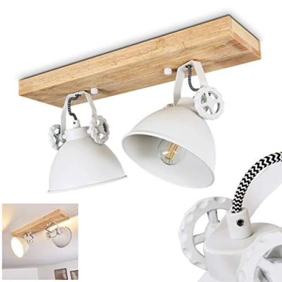 Image de hofstein Plafonnier Svanfolk en bois et métal blanc, 2 spots de plafond pivotants style rétro industriel, idéals dans un salon vintage, pour ampoules E14, ampoule(s) non incluse(s)