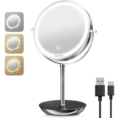 Image de Auxmir Miroir Maquillage Lumineux Grossissement 1X/10X, de Table 3 Couleurs Lumière Réglables, Cosmétique 1800mAh Chargement USB Rotation à 360, Plateau Rangement