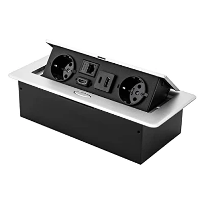 Image de Begoniape Prise de table escamotable, en alliage d&#039;aluminium, multiprise avec 2 EU, USB A+C, LAN, HDMI, plusieurs fonctions protection, 16 A