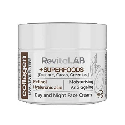 Image de RevitaLAB Crème de jour et nuit au collagène hydratante anti âge, enrichie en acide hyaluronique, super aliments, vitamines filtre à rayons UVA/UVB, pour personnes 30 45 ans, 50 ml