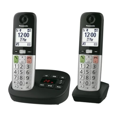 Image de Panasonic KX TGU432EXB Téléphone Numérique sans Fil avec Répondeur, Unité de Base et 2 Combinés, Écran LCD, Appels Favori, Lampe Torche, Compatible Les Appareils Auditifs, Noir Argent