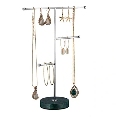 Image de Relaxdays Porte bijoux, pied en marbre, rangement pour colliers, boucles d’oreilles &amp; bracelets, 3 barres, vert/argent 10033017 1 élément