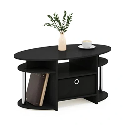 Image de Furinno Jaya Table Basse Ovale avec Poubelle, Engineered Wood, Americano/Acier Inoxydable/Noir, Lot de 1