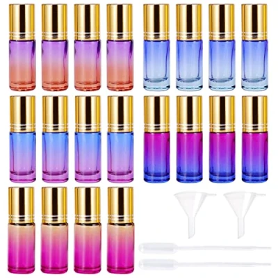 Image de Lot de 20 bouteilles d&#039;huiles essentielles, en verre, à rouler, vides, 5 ml, avec billes acier inoxydable, rechargeables, roll on multicolore, pour huile essentielle, aromathérapie, parfum