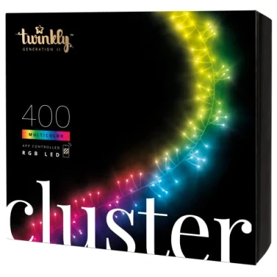 Image de Twinkly Cluster 400 LED RGB+ Blanc, Guirlande Mini LEDs Extérieur et Intérieur, Lumières Smart Multicolores, Compatible Home Kit, Alexa, Google Home, Gaming, IP44, Contrôle App, Fil Noir, 6m