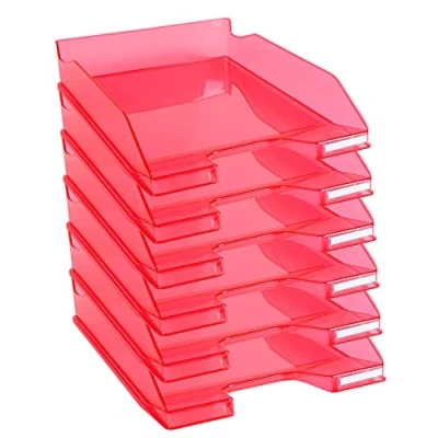 Image de Exacompta Réf. 113254D Lot de 6 corbeilles à courrier COMBO MIDI dimensions utiles 34 x 25 6,5 cm pour documents au format A4 + couleur framboise transparent glossy