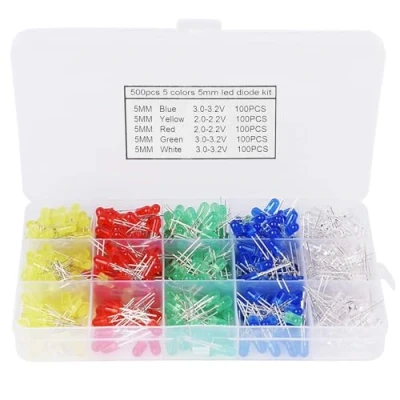 Image de 500 pcs x 5mm Diode électroluminescente, diodes LED à émission lumineuse, colorées, Lumière électroluminescente Ronde Basse Tension Lumières Emettant Vert/Rouge/Bleu/Jaune/Blanc