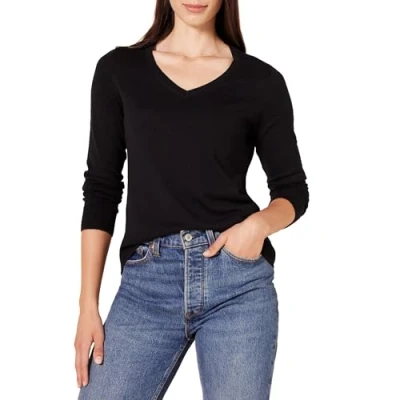 Image de Amazon Essentials Pull Léger à Manches Longues, Col en V, Coupe Classique (Disponible Grande Taille) Femme, Noir, XL taille