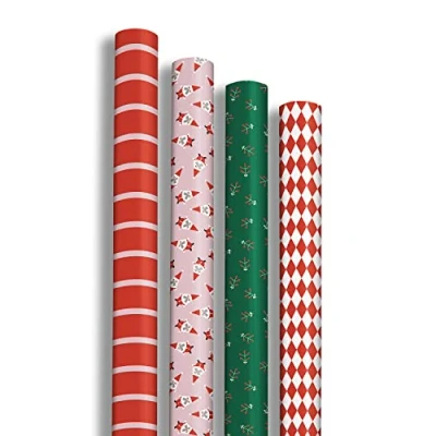 Image de Clairefontaine 211426AMZC Un Carton De 12 Rouleaux Papier Cadeau Excellia 80g Dimensions : 2x0,70m Motif Père Noël, Houx, Rouge/Vert, Noël Emballage