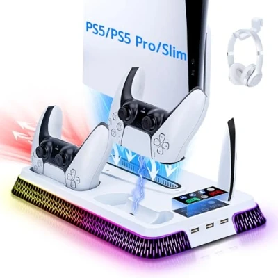 Image de Mcbazel Station de Charge et Refroidissement PS5, Support RGB à 3 Vitesses avec Chargeur Manette PS5 Crochet pour Casque Pro 2024/PS5 Slim/PS5 Console Blanc
