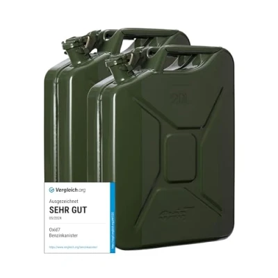Image de Oxid7® 2x Bidon à carburant 20 litres en métal olive Convient pour l&#039;essence, le diesel &amp; bioéthanol essence 20L avec homologation UN type de construction testé